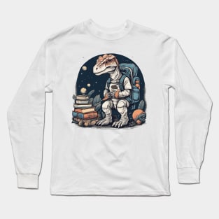 Back to school space dinosaur cute dinosaur books school first second grade pre-school design for kids children Long Sleeve T-Shirt